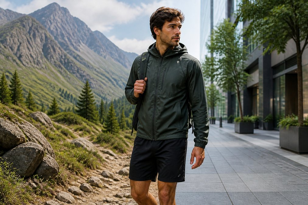 Man wearing sustainable athletic apparel walking from a mountain trail into a city street in daylight