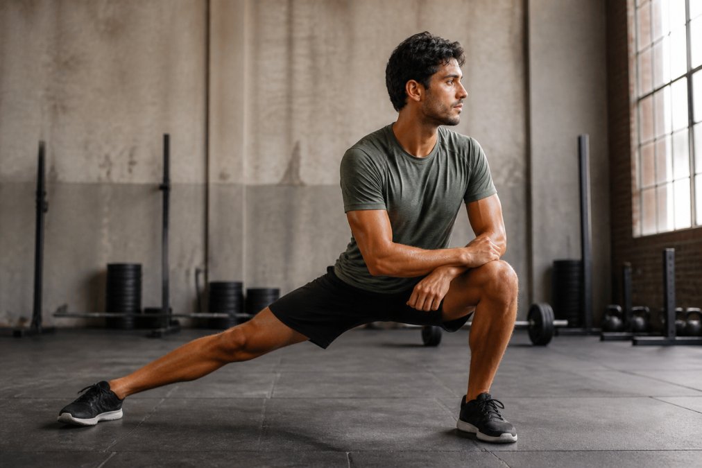 Athlete in motion during intense training session, wearing sustainable performance athletic apparel, demonstrating stretch and mobility with natural gym lighting