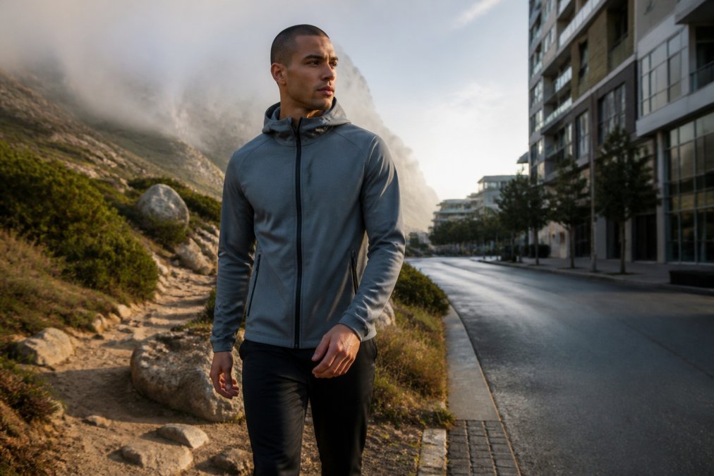 Man in premium athletic streetwear transitioning from misty mountain trail to urban street, wearing moisture-wicking jacket and performance pants, natural morning light on fabric showing texture and movement