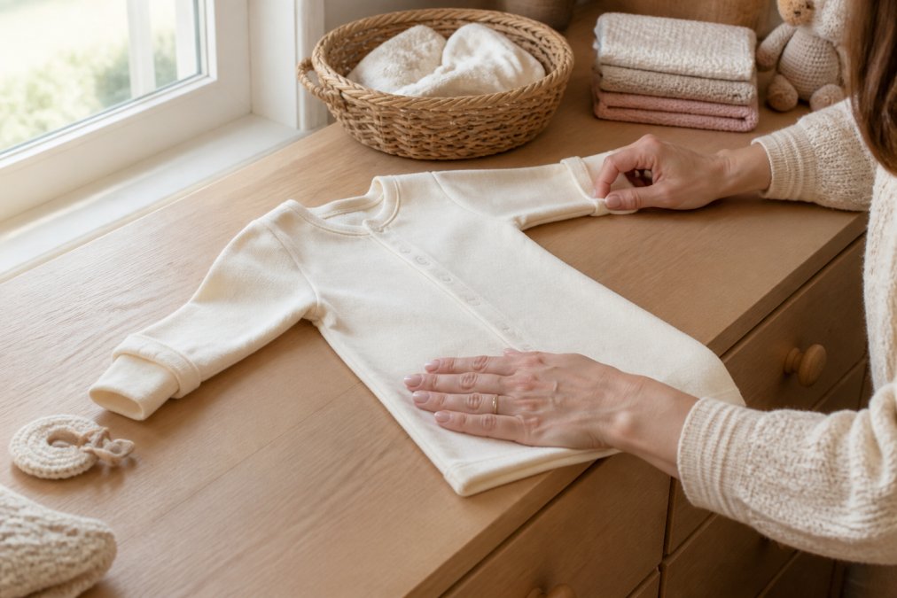 Mother smoothing a soft organic cotton sustainable baby sleeper on a wooden nursery dresser in morning light