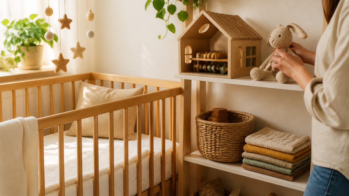 A bright, sunlit nursery corner with a wooden cot, organic cotton sheets, and a bamboo activity house on a shelf while a parent's hand arranges a knitted toy nearby