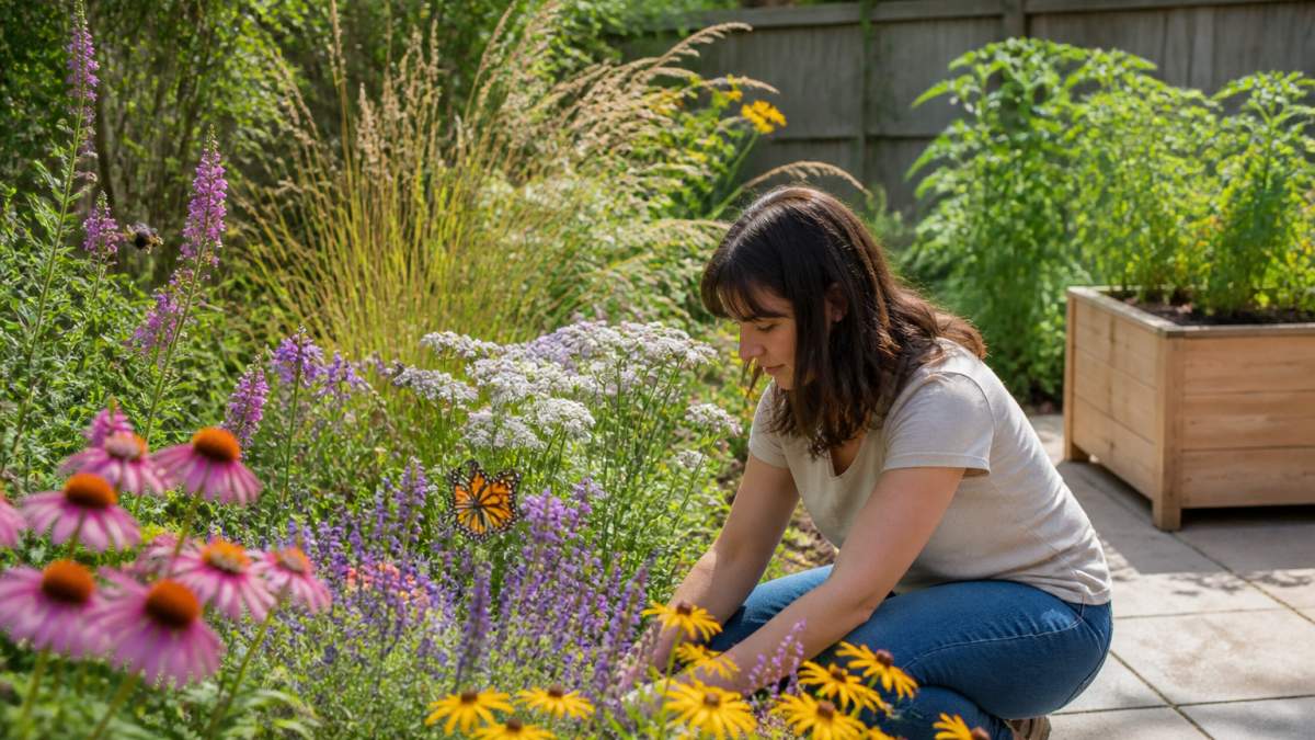 Homeowner tending to native wildflowers and pollinator-friendly plants in a sunlit garden bed