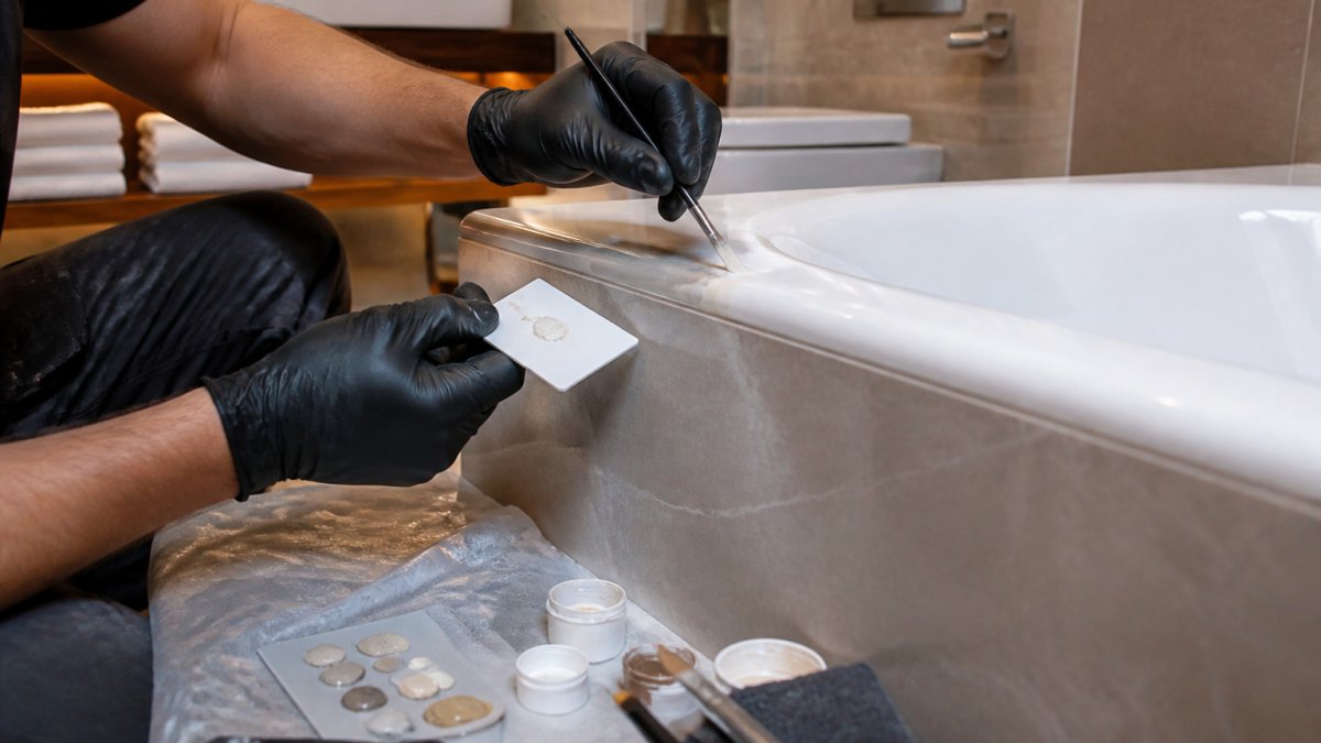 A close-up photograph of a technician's gloved hands applying a specialist finish to a repaired section of a hotel bathroom surface, with colour-matching tools and materials visible on a protective sheet nearby in a bright, functional hotel bathroom setting
