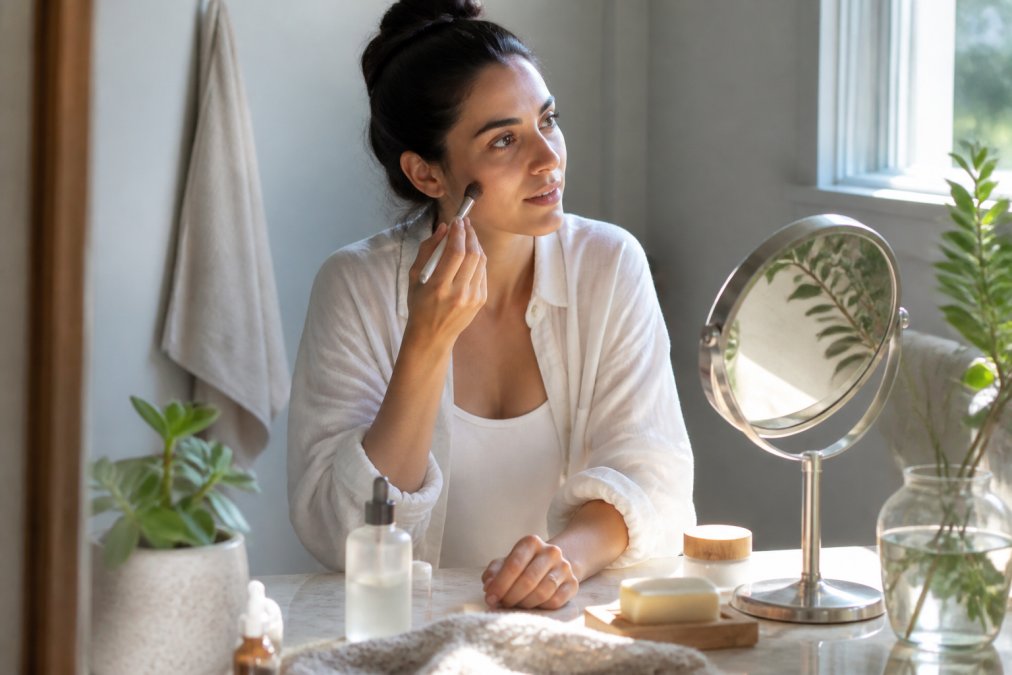 Woman in her late twenties applying minimal makeup at a bathroom vanity with sustainable beauty products arranged neatly, natural morning light streaming through the window, showing a simple, intentional skincare routine setup