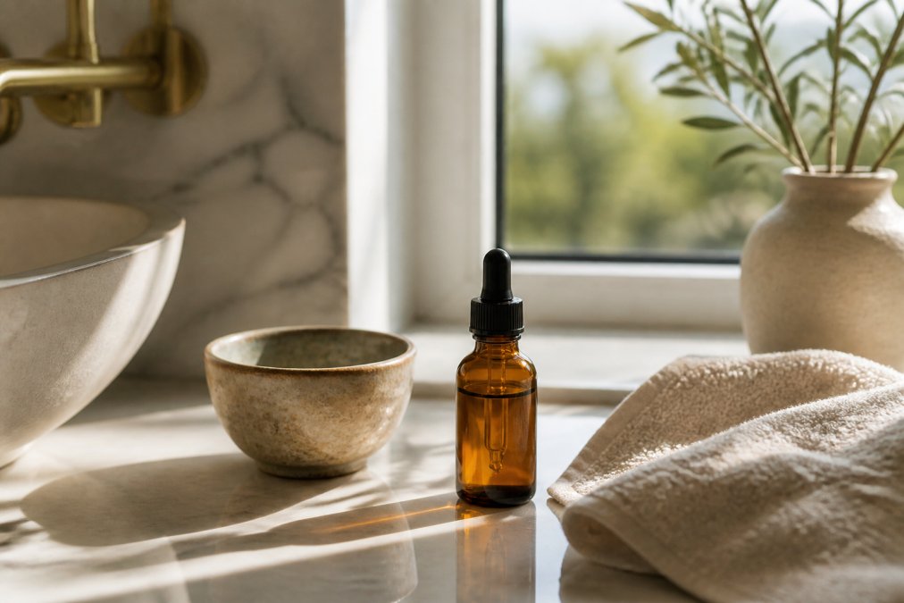 Amber glass facial oil bottle and soft towel on a bathroom counter for a sustainable beauty routine.