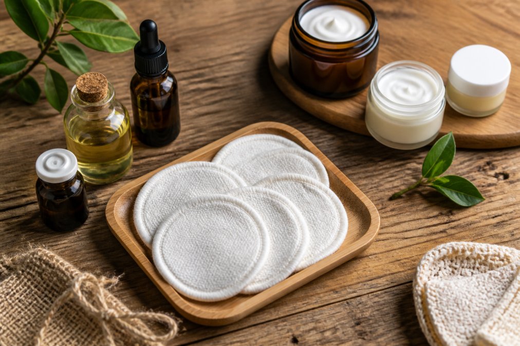 Reusable bamboo makeup remover pads and natural oils in glass bottles arranged on a light wooden surface