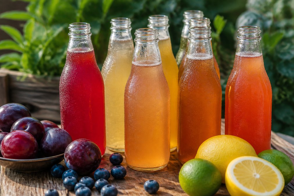 Infographic showing the production process of sustainable beverages from fresh fruit, kombucha, and shrubs