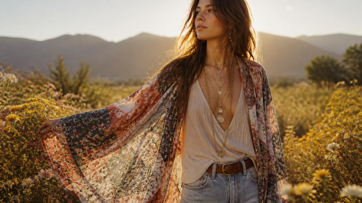 A woman in a bohemian floral patchwork kimono and layered gold necklaces standing in a sunlit wildflower field, soft afternoon light, flowing fabric catching the breeze