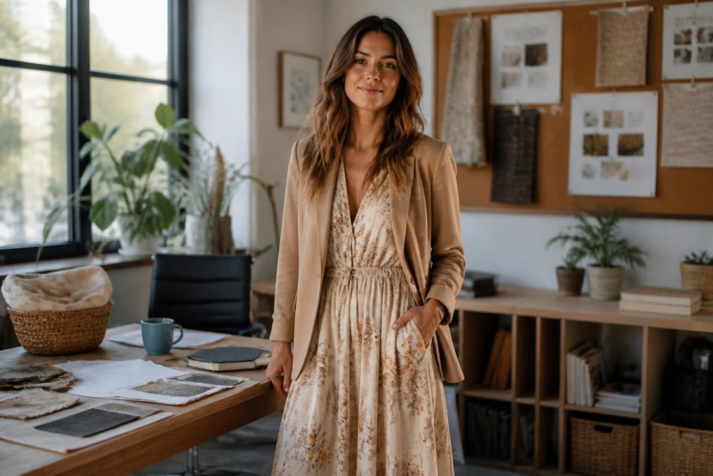 Woman wearing a flowy boho dress layered with a structured blazer and minimal jewelry, standing in a modern office setting with natural lighting