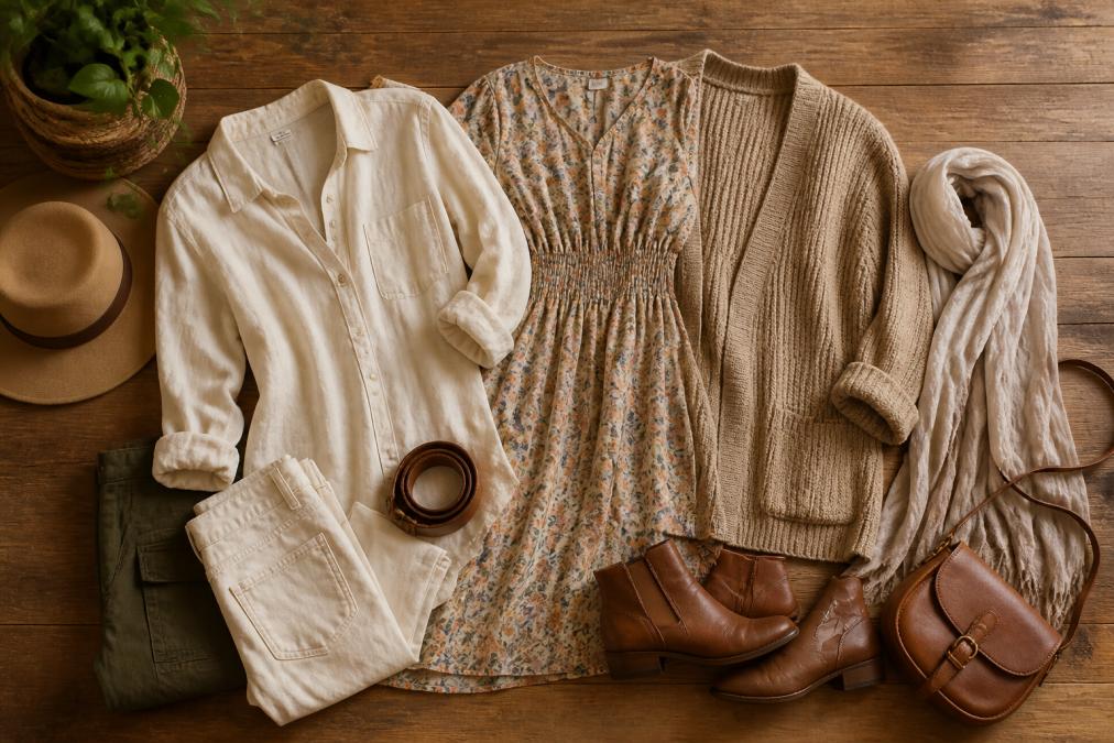 Flat lay of boho essentials including a linen shirt, floral dress, neutral cardigan, and layering pieces arranged on a natural wood surface with soft natural light