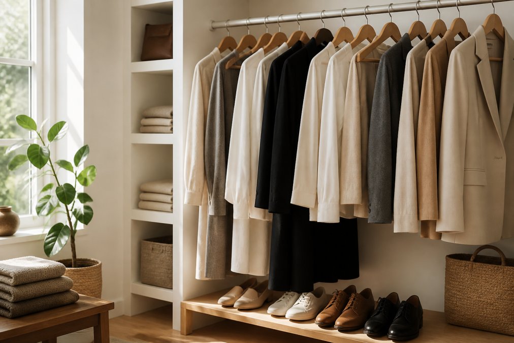A neatly organized closet rack displaying a curated selection of neutral-toned clothing items like blazers, trousers, and blouses on wooden hangers, soft natural light streaming through a nearby window