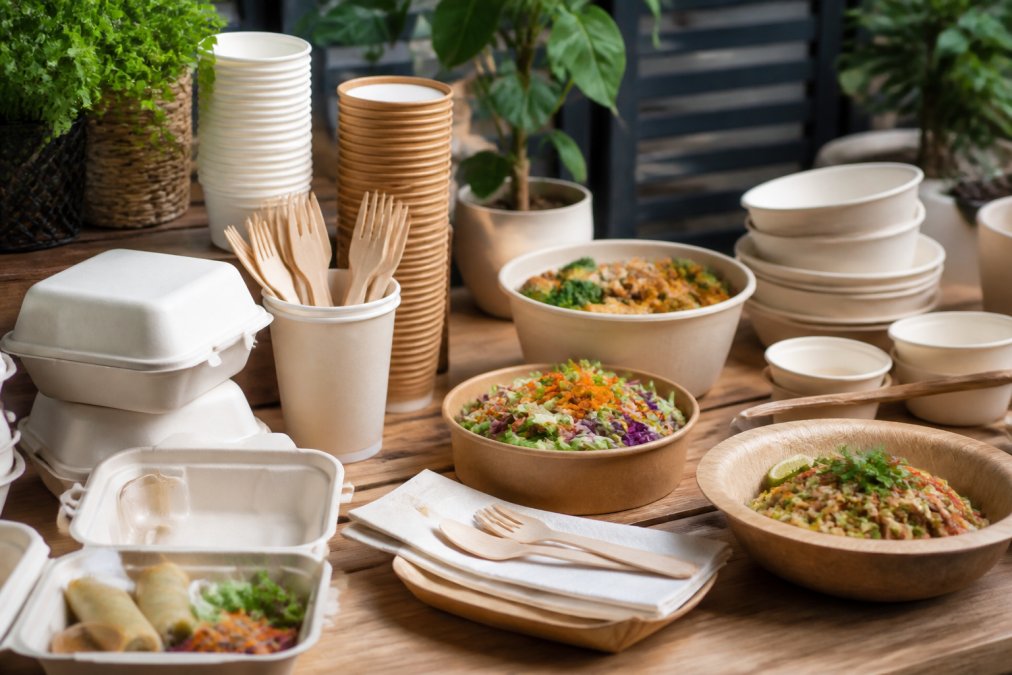 Professional catering setup displaying eco-friendly compostable food containers, wooden cutlery, plant-based cups, and natural fibre bowls arranged on a table with fresh prepared food ready for service