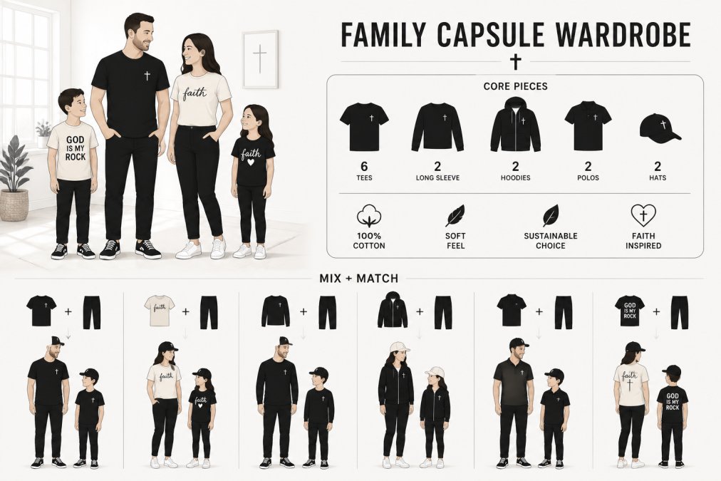 Family of four wearing coordinated neutral-toned faith-inspired cotton clothing in a bright, naturally lit home setting, showing how basic pieces layer and mix together across different outfits