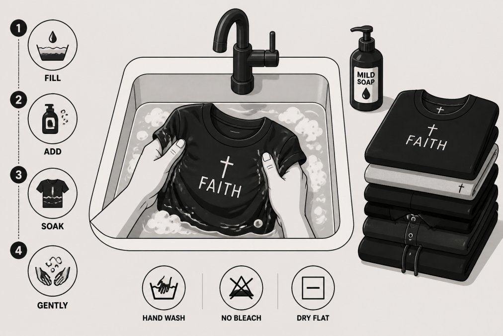 Hands carefully hand-washing a cotton faith-inspired t-shirt in a sink with mild soap, showing proper technique with folded quality garments visible nearby on a clean surface
