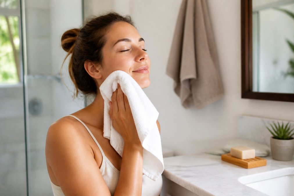 Woman gently patting sensitive skin dry with a towel as part of a sustainable cleansing routine in a calm bathroom.
