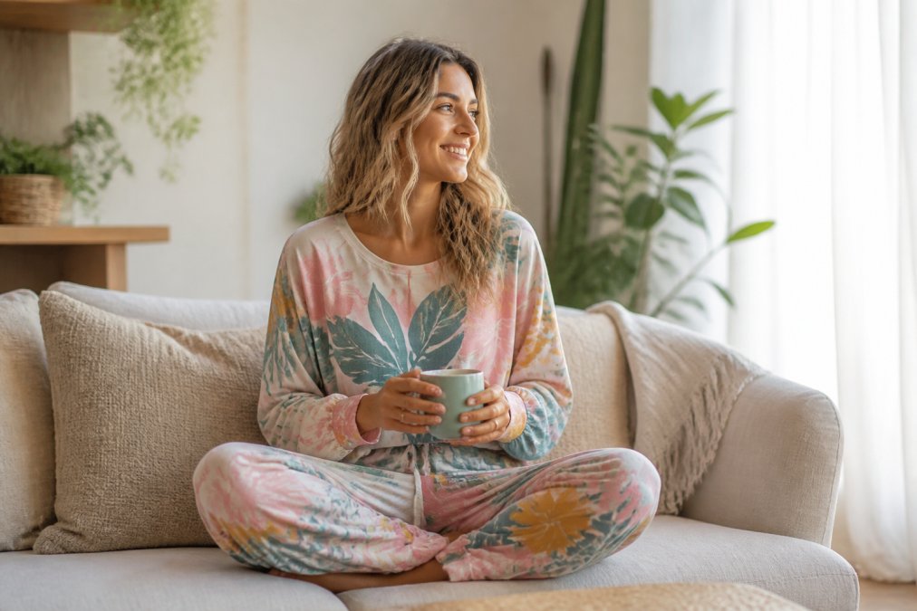A woman wearing soft, colourful patterned loungewear sitting cross-legged on a light linen couch in a sun-filled living room, smiling and relaxed, holding a mug of tea, natural morning light streaming through sheer curtains