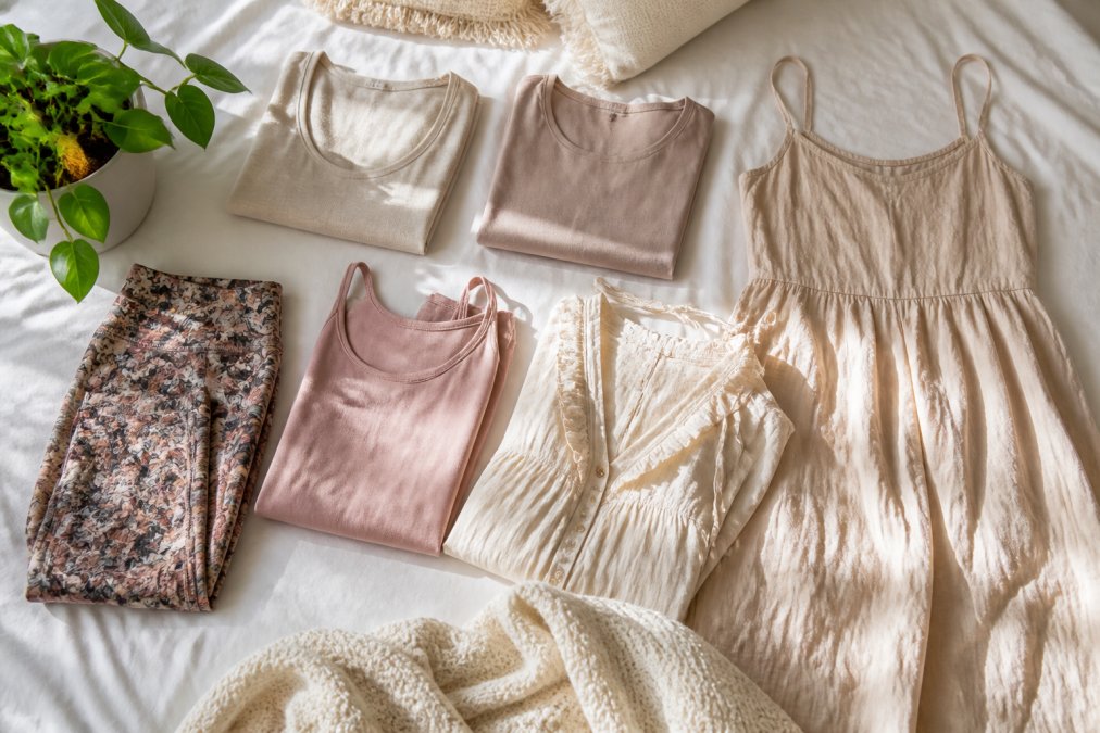 A neatly arranged flat-lay of a capsule wardrobe on a white bed, featuring folded patterned leggings, soft neutral-toned tops, and a lightweight dress in natural fabrics, with a small plant and natural light casting soft shadows across the fabric textures