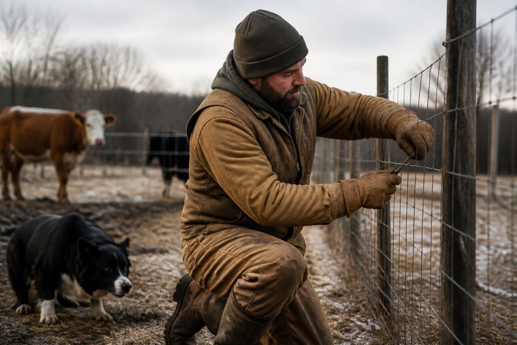Homesteader in a durable duck cloth jacket fixing a fence, showcasing quality from sustainable clothing brands.