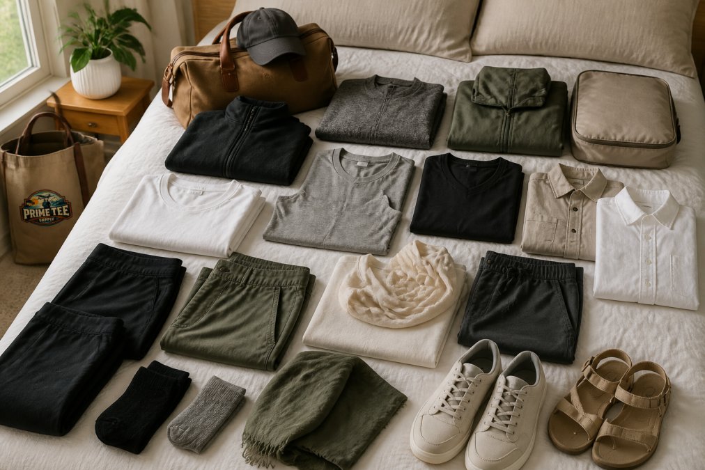Infographic layout of sustainable clothing for minimalist travel arranged as a versatile capsule wardrobe.