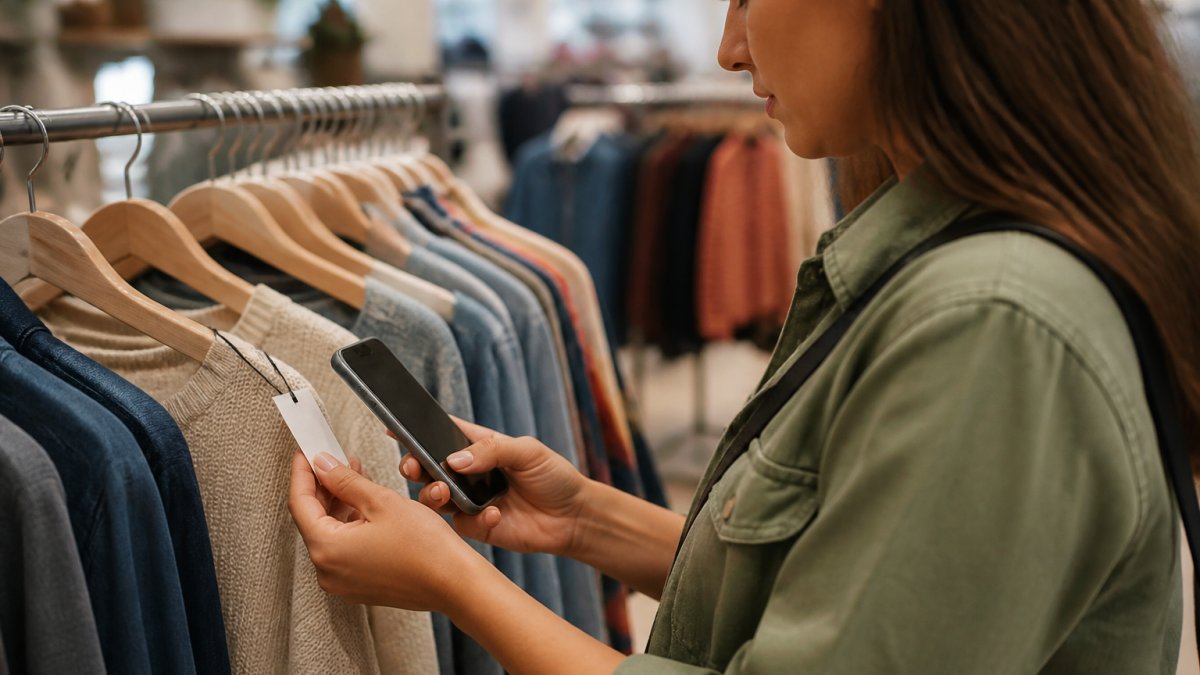 A shopper in a clothing store holding a smartphone up to a garment tag, comparing the label against information on their screen, with racks of clothes softly blurred in the background