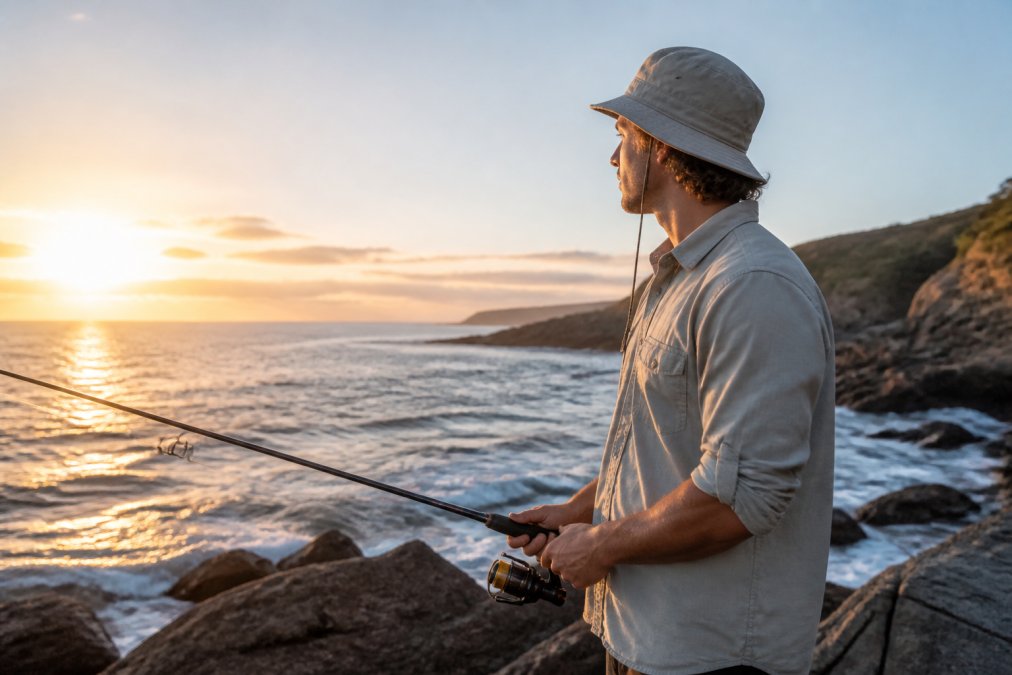 Angler in sustainable coastal apparel fishing from a rocky shoreline at sunrise