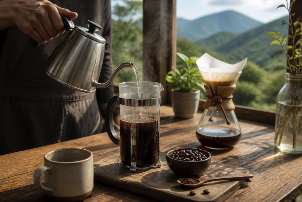 Close-up of hands pouring hot water into a French press filled with coarse coffee grounds, steam rising, with whole coffee beans and a ceramic mug on a wooden counter in natural morning light
