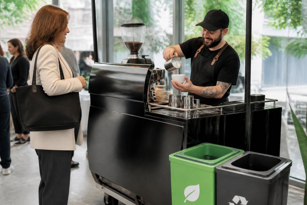 Barista pouring latte into a reusable cup at a sustainable coffee catering station with visible waste bins.