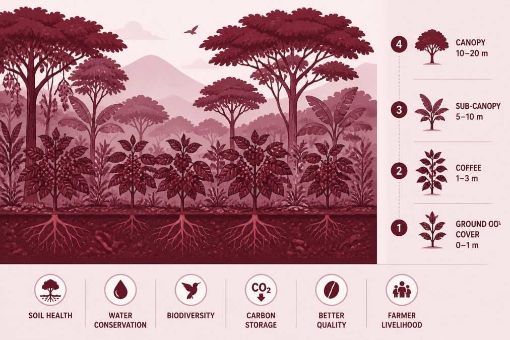 Lush coffee plants growing under a dense canopy of shade trees in a mountainous region, showing multiple layers of green vegetation with diverse plant species and rich soil visible at the farm's base