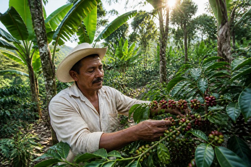 Smallholder coffee farmer in lush shade-grown coffee plantation examining coffee cherries on a plant, with banana and other shade trees visible in the background, morning sunlight filtering through the canopy