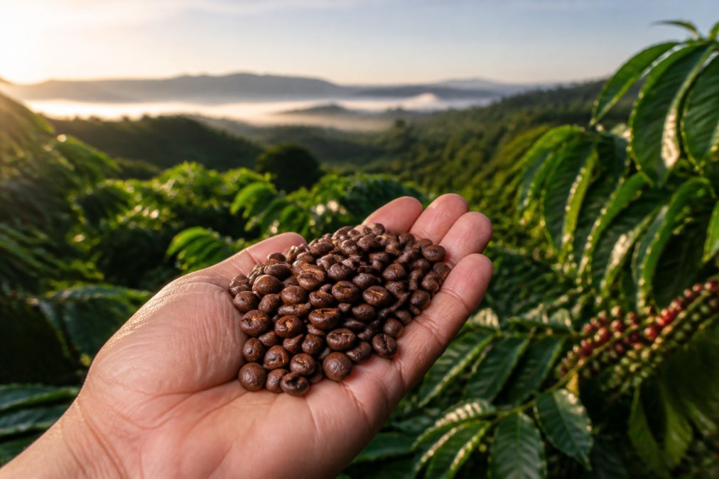 Close-up of freshly roasted coffee beans held in an open hand, with a lush farm landscape visible in soft focus in the background, morning light illuminating the beans