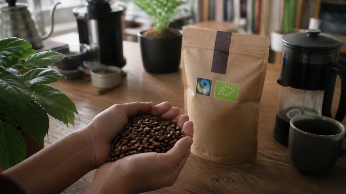 Close-up of hands holding premium coffee beans with fair-trade and organic certification labels visible, home office workspace with coffee equipment in soft background