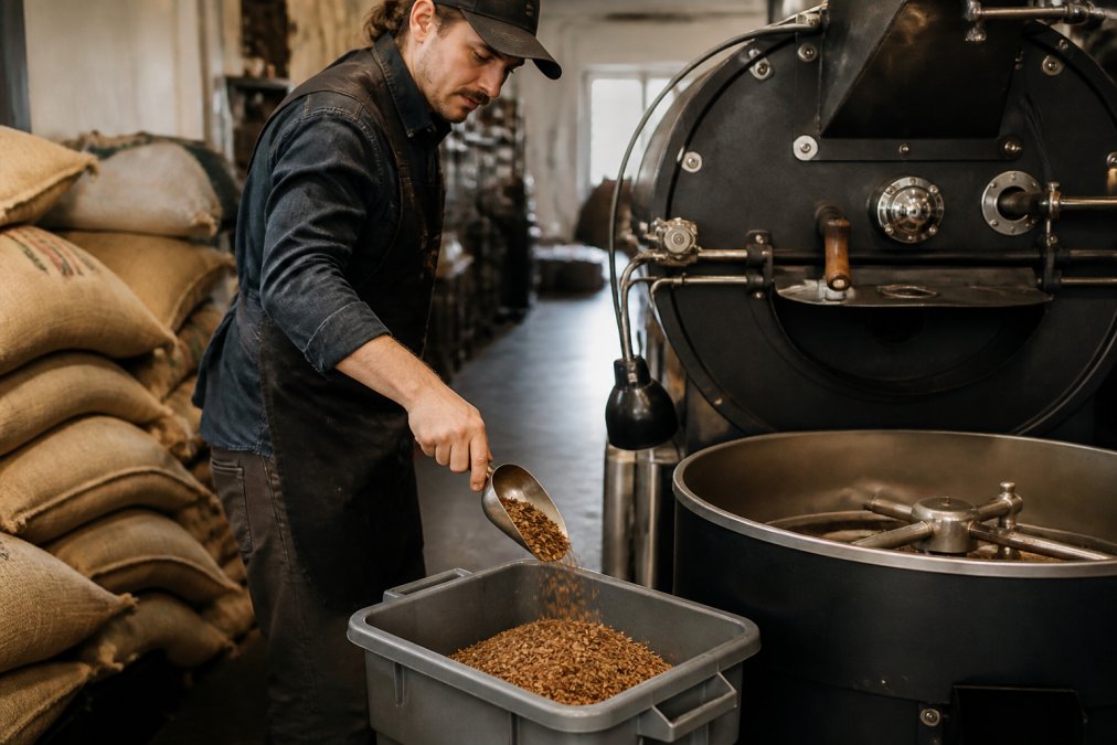 A roaster clearing coffee chaff from a bin during sustainable coffee roasting in a small craft roastery.