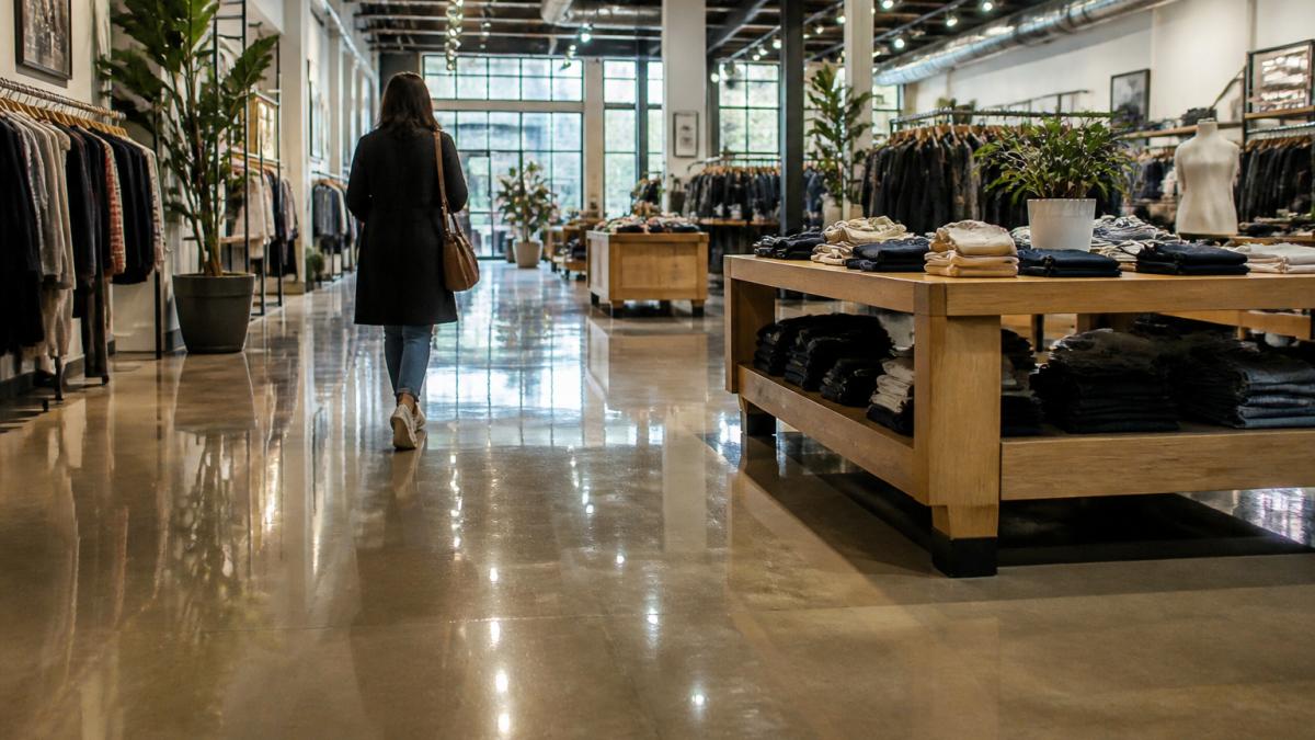 A wide shot of a bright modern retail showroom with polished concrete floors reflecting overhead lighting, clothing racks and display tables in view, a shopper walking across the floor