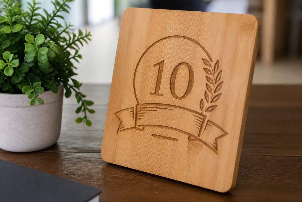 A close-up photograph of a beautifully engraved bamboo award plaque resting on a wooden desk next to a small potted plant, with soft natural light highlighting the grain and engraving detail