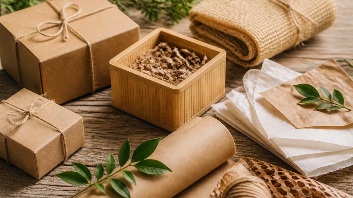 Assortment of sustainable packaging materials displayed on a wooden surface: recycled kraft boxes, natural fiber wrapping, bamboo elements, and compostable tissue paper with soft natural lighting