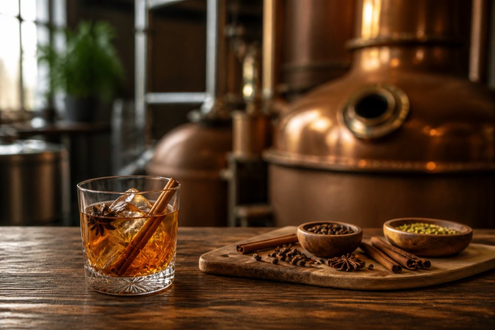 A rustic wooden bar top holds a glass of spiced rum with a copper pot still softly blurred in the warm background light