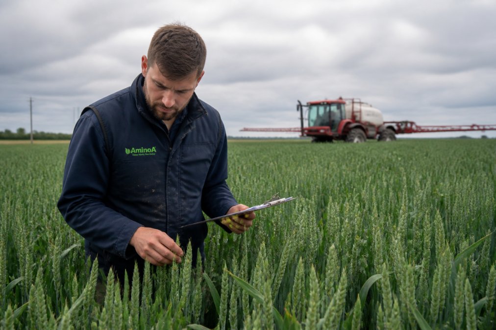 An agronomist in a field examining wheat crops, holding a clipboard and wearing practical farm clothing, with a sprayer visible in the background under overcast skies