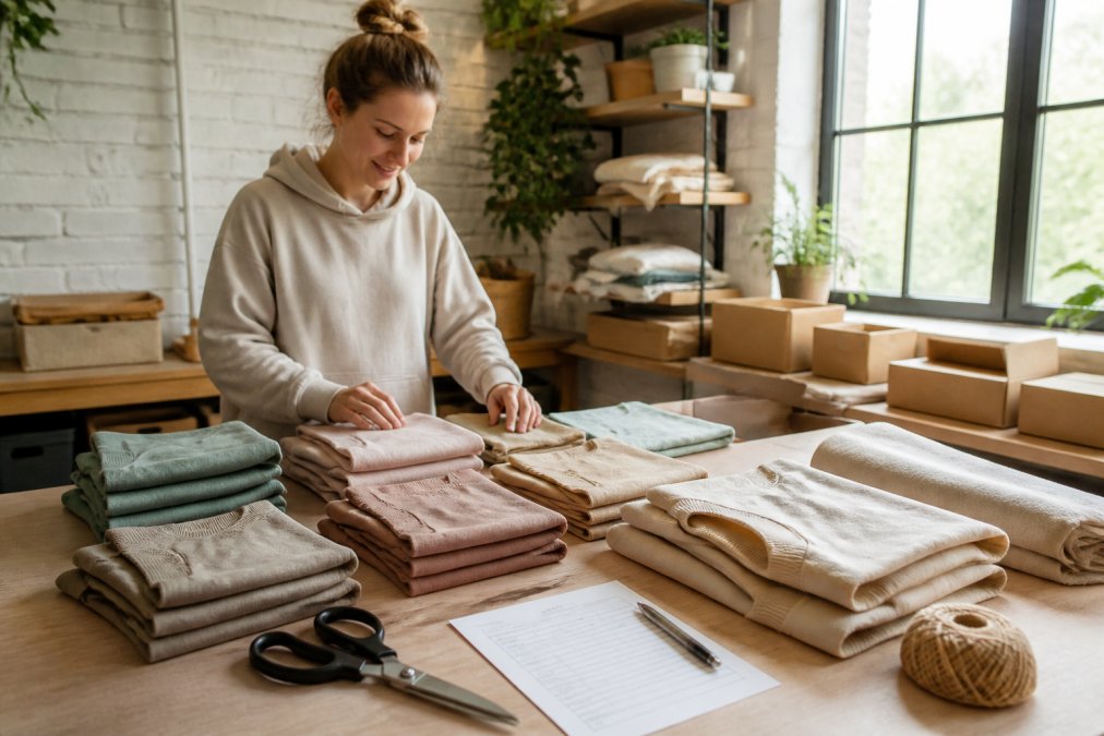 A small workshop table with folded organic cotton dog jumpers, fabric scissors, and a printed order slip, natural light from a window