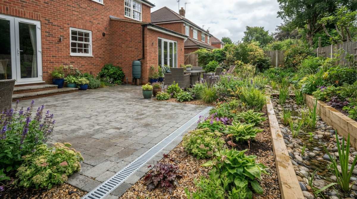 Residential garden showing a permeable paved patio area with visible drainage channels and planted borders, demonstrating sustainable drainage in a home setting