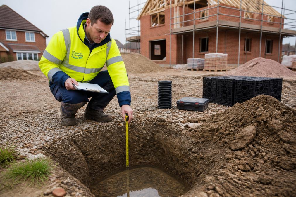 Drainage engineer assessing a soakaway test pit for sustainable drainage on a residential construction site