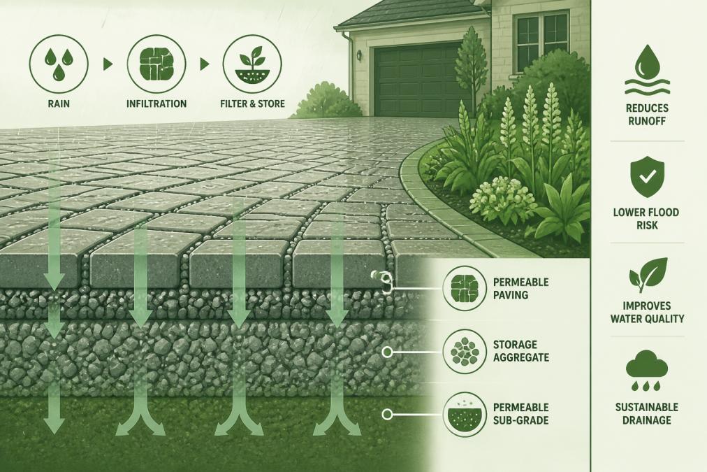 Close-up of permeable paving blocks on a residential driveway during light rain, showing water infiltration through the surface, with garden borders and planted areas visible beside the driveway