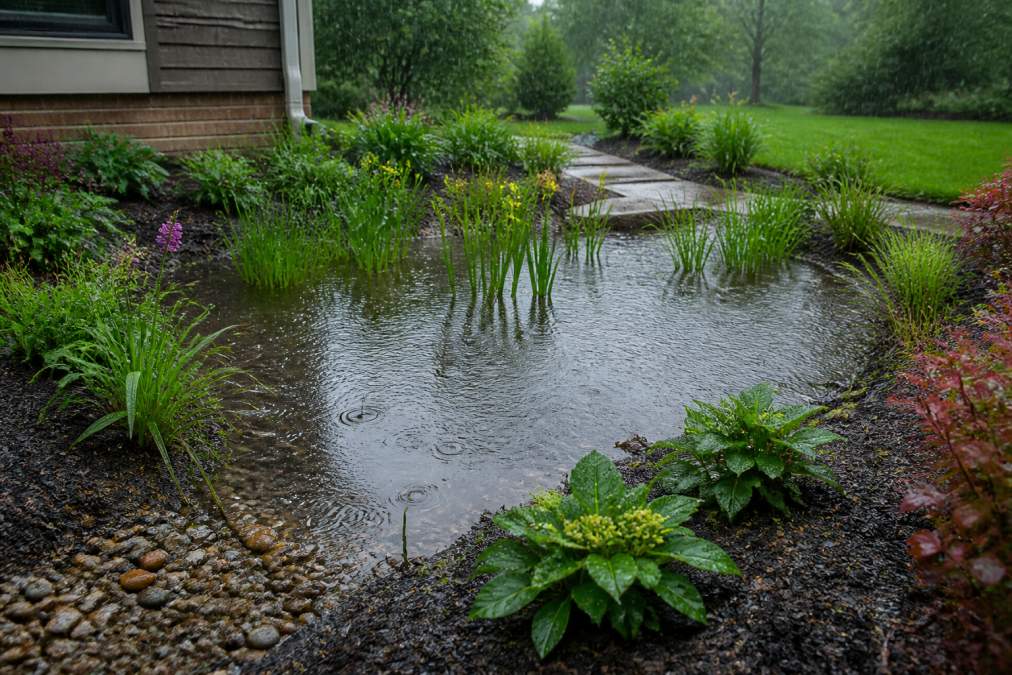 A rain garden in a residential garden during moderate rainfall, showing water retention in the planted depression with native vegetation and water pooling, demonstrating natural drainage and infiltration in action