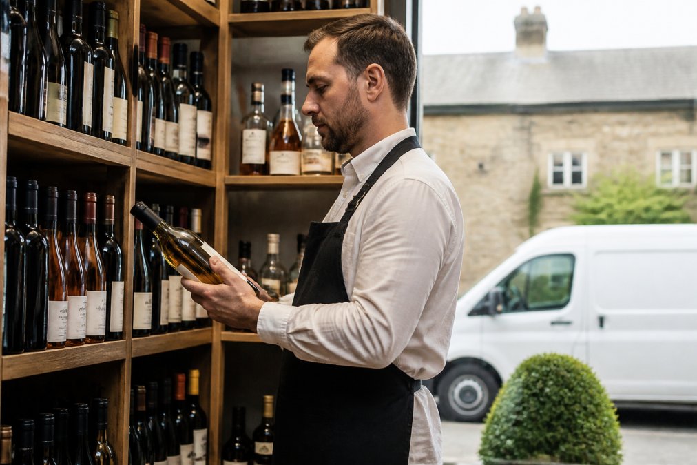 A sommelier or bar manager examining bottles of local craft wines and spirits on shelves, with a white van visible through the window in the background