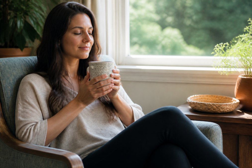 A woman sitting in a cozy chair by a window, holding a beautifully designed inspirational mug with both hands, eyes closed in a moment of calm reflection, soft morning light