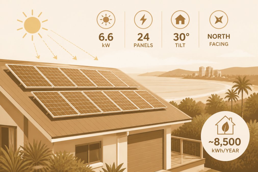 Residential solar panels installed on a Sunshine Coast home roof with blue sky and ocean view in the background, showing multiple rows of panels angled toward the sun