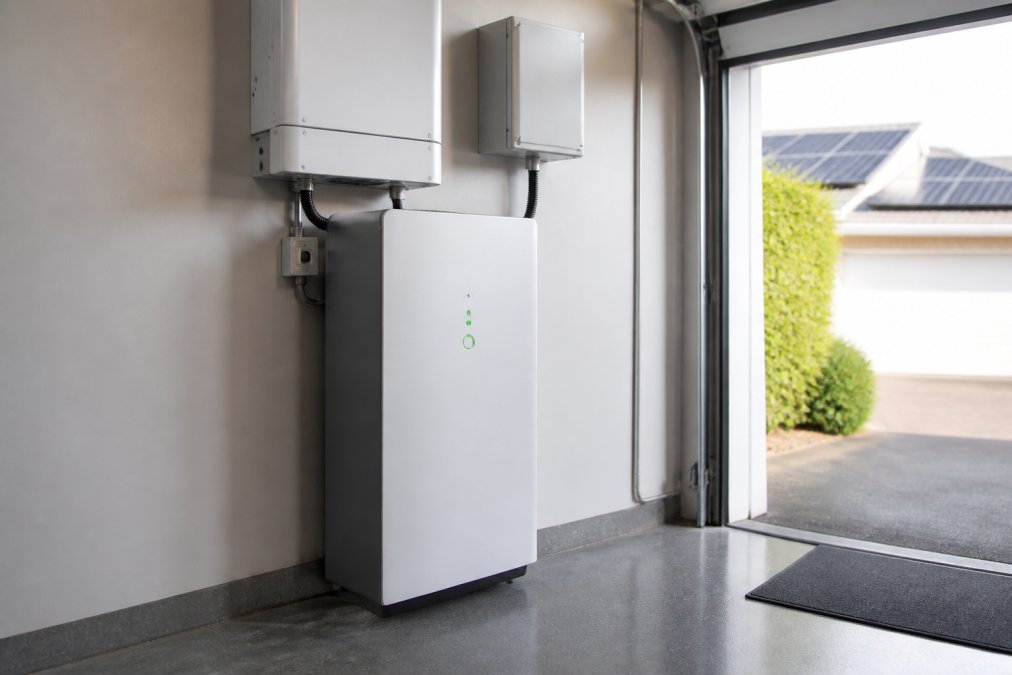 A modern home battery storage unit installed in a residential garage with LED indicator lights displaying charge status and system performance metrics
