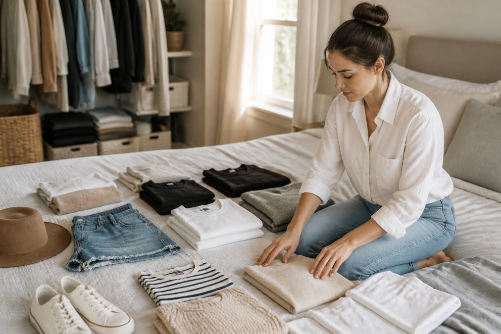 Professional woman organizing a minimalist wardrobe with neutral-colored basics including denim shorts, plain tees, and versatile pieces arranged neatly on a bed with natural morning light