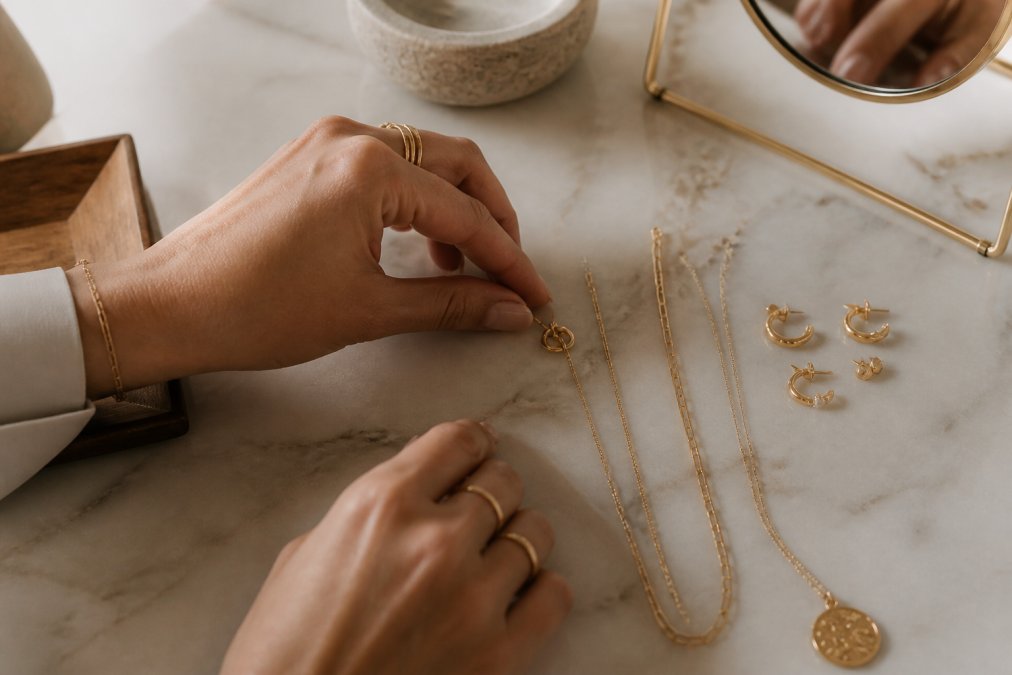 A woman's hands arranging a collection of gold chain necklaces and delicate earrings on a marble vanity, soft natural light, minimalist styling, warm tones
