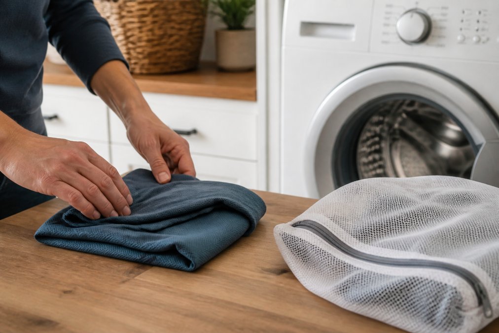 Hands folding a moisture-wicking shirt near a washing machine to maintain sustainable fabric performance