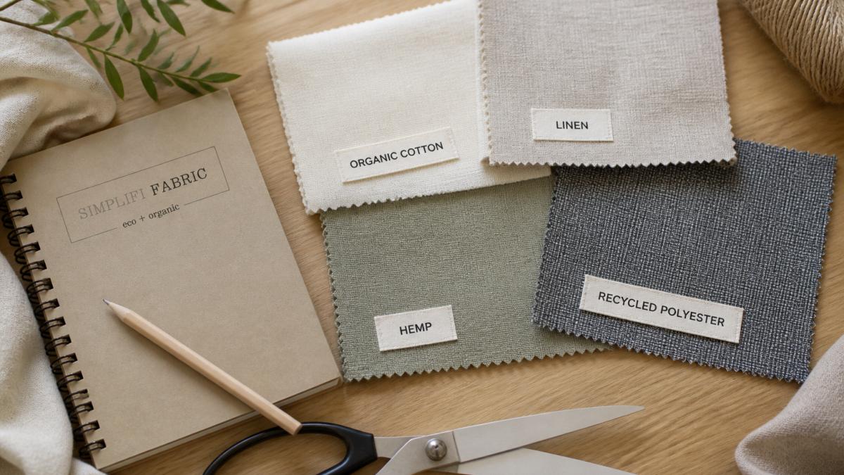 A flat-lay arrangement of fabric swatches on a light wooden table, showing organic cotton, linen, hemp, and a recycled polyester sample, with a small notebook and fabric scissors beside them